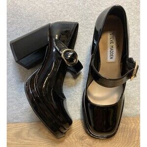 Steve Madden Sz 6.5 Mary Jane Platform Heels Black Gold Buckle Dance Date Goth